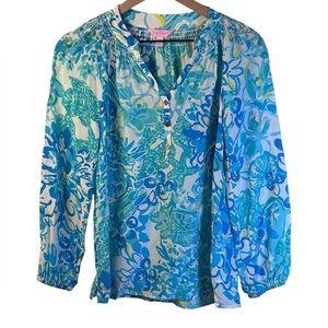Lilly Pulitzer Blue Floral Women's Blouse Top 100% Silk Long Sleeves Size XS
